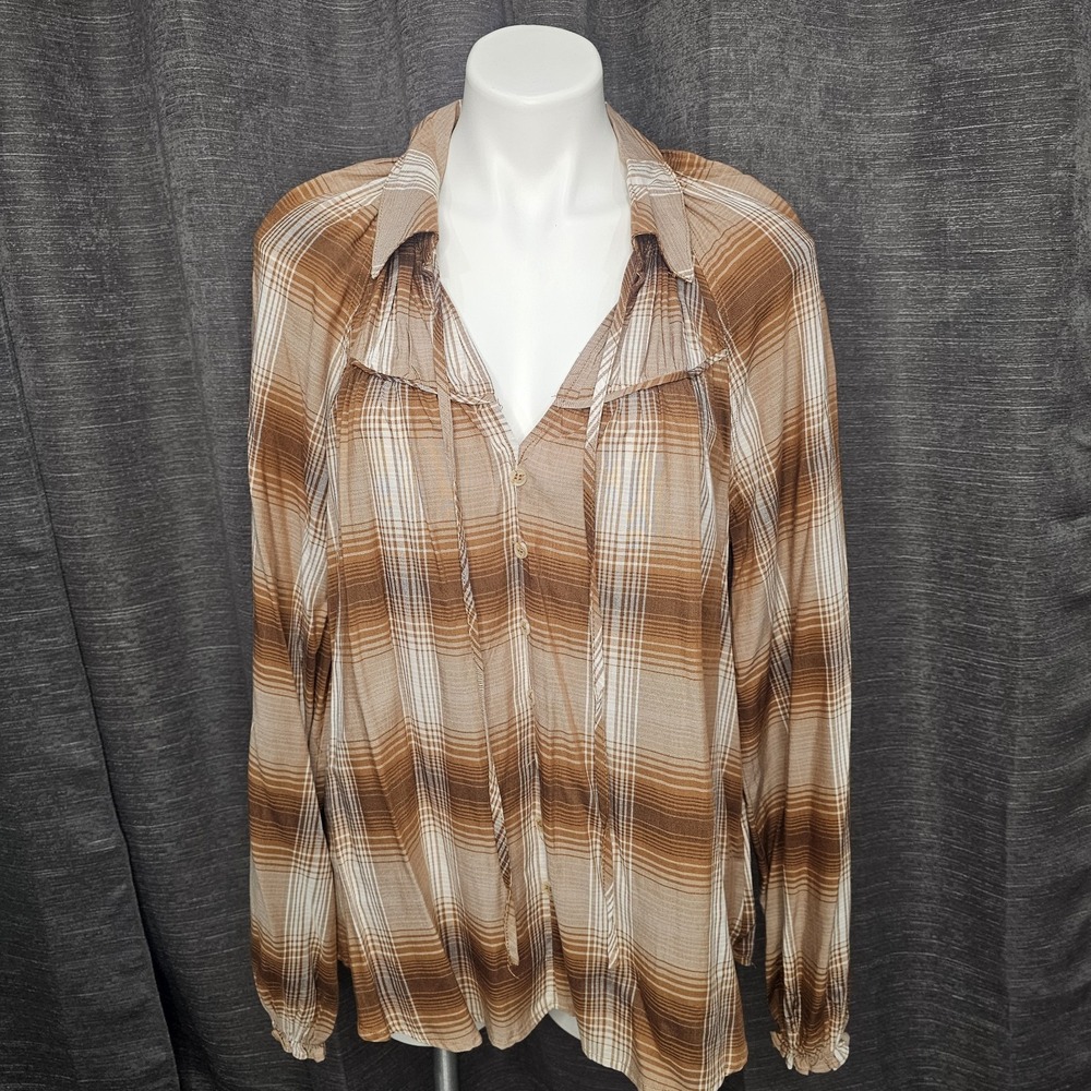 Collection 526 Collared Top Button Front Brown Plaid Sz‎ Small Peasant Blouse